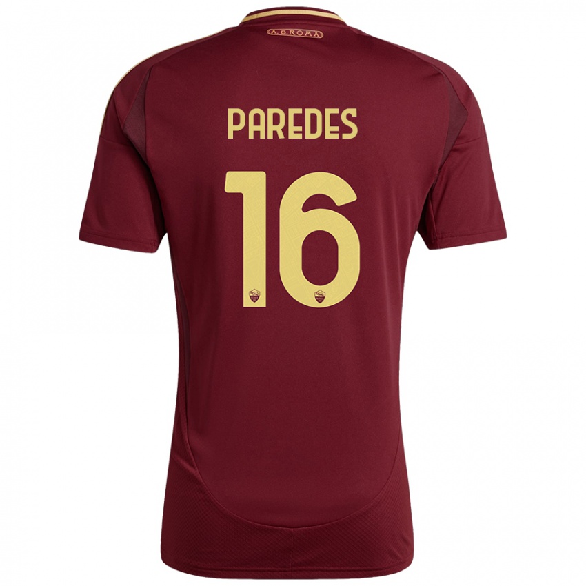 Niño Camiseta Leandro Paredes #16 Rojo Marrón Dorado 1ª Equipación 2024/25 La Camisa