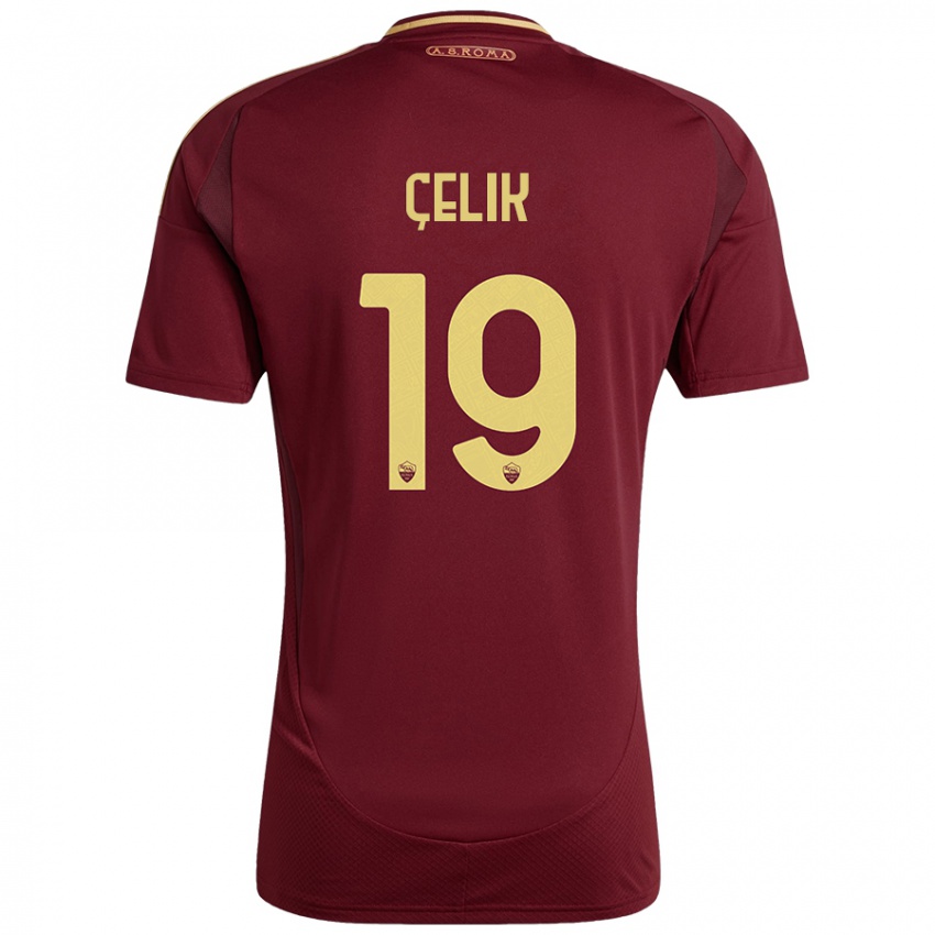 Niño Camiseta Zeki Celik #19 Rojo Marrón Dorado 1ª Equipación 2024/25 La Camisa