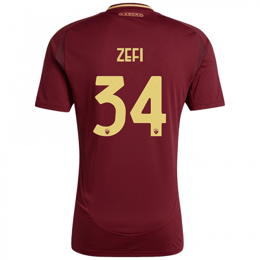 Niño Camiseta Kevin Zefi #34 Rojo Marrón Dorado 1ª Equipación 2024/25 La Camisa