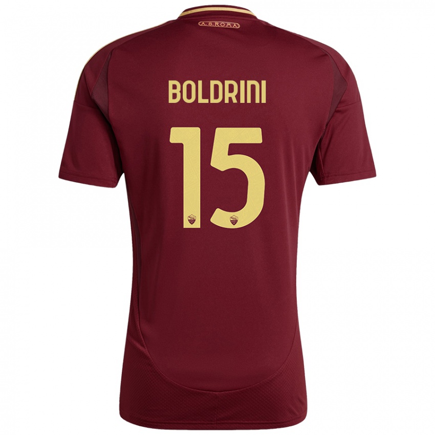 Niño Camiseta Mattia Boldrini #15 Rojo Marrón Dorado 1ª Equipación 2024/25 La Camisa