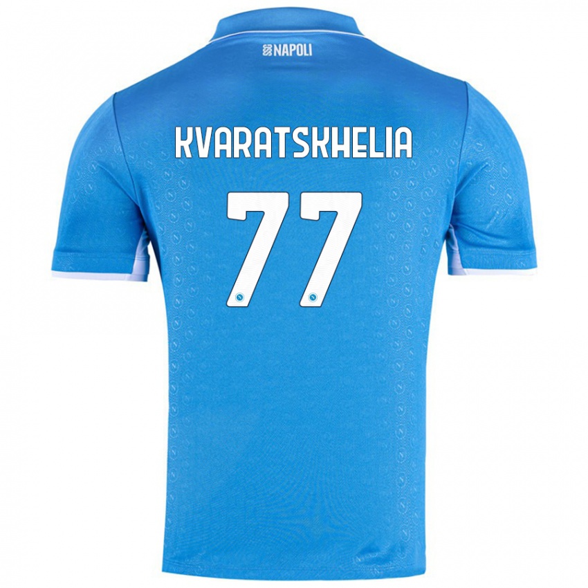 Niño Camiseta Khvicha Kvaratskhelia #77 Azul Cielo 1ª Equipación 2024/25 La Camisa