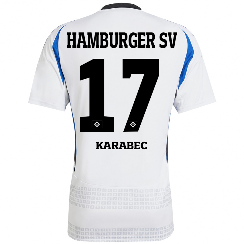 Niño Camiseta Adam Karabec #17 Blanco Azul 1ª Equipación 2024/25 La Camisa