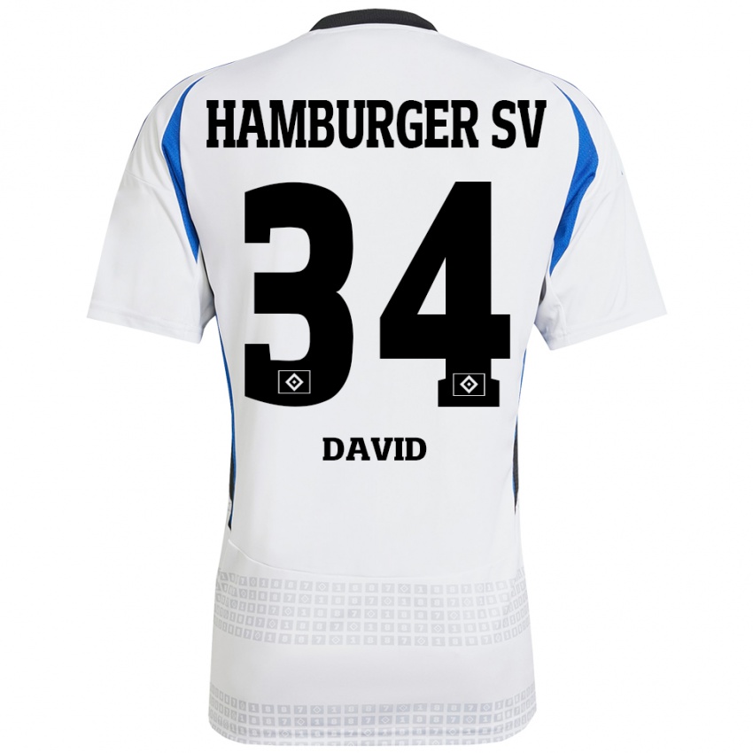 Niño Camiseta Jonas David #34 Blanco Azul 1ª Equipación 2024/25 La Camisa