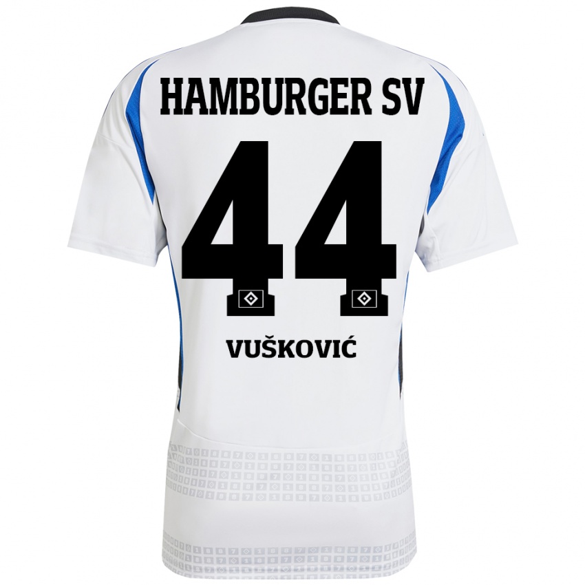 Niño Camiseta Mario Vuskovic #44 Blanco Azul 1ª Equipación 2024/25 La Camisa