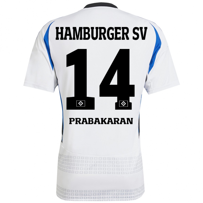 Niño Camiseta Nilavan Prabakaran #14 Blanco Azul 1ª Equipación 2024/25 La Camisa