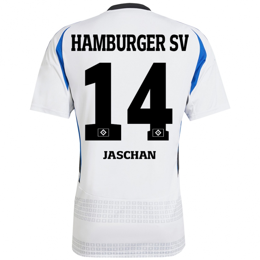 Niño Camiseta Endrik Jaschan #14 Blanco Azul 1ª Equipación 2024/25 La Camisa