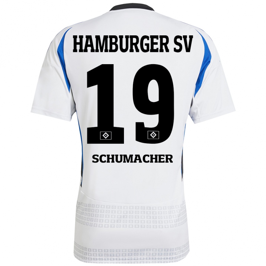 Niño Camiseta Lukas Schumacher #19 Blanco Azul 1ª Equipación 2024/25 La Camisa