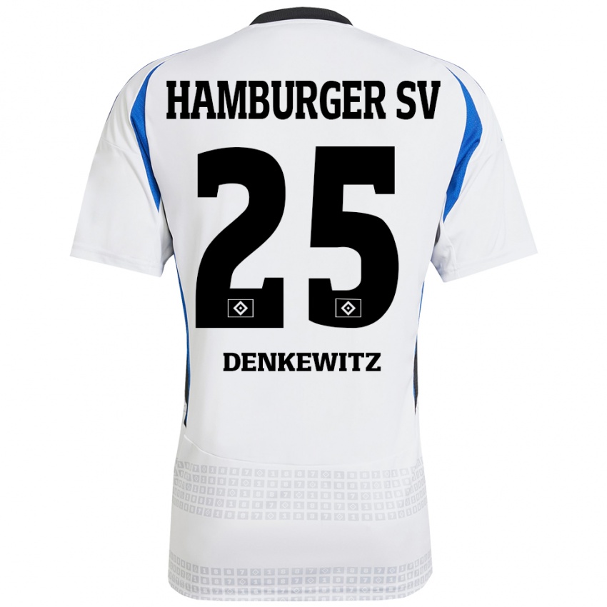 Niño Camiseta Nick Denkewitz #25 Blanco Azul 1ª Equipación 2024/25 La Camisa