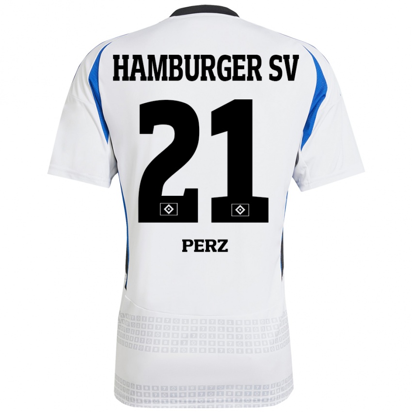 Niño Camiseta Marcel Perz #21 Blanco Azul 1ª Equipación 2024/25 La Camisa