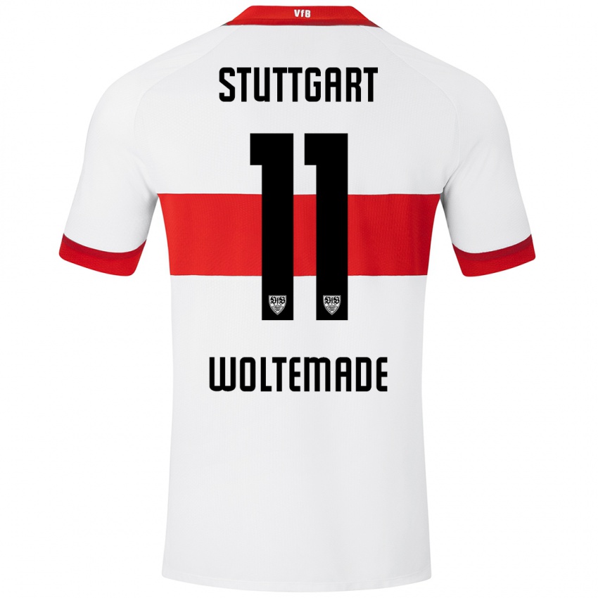 Niño Camiseta Nick Woltemade #11 Blanco Rojo 1ª Equipación 2024/25 La Camisa