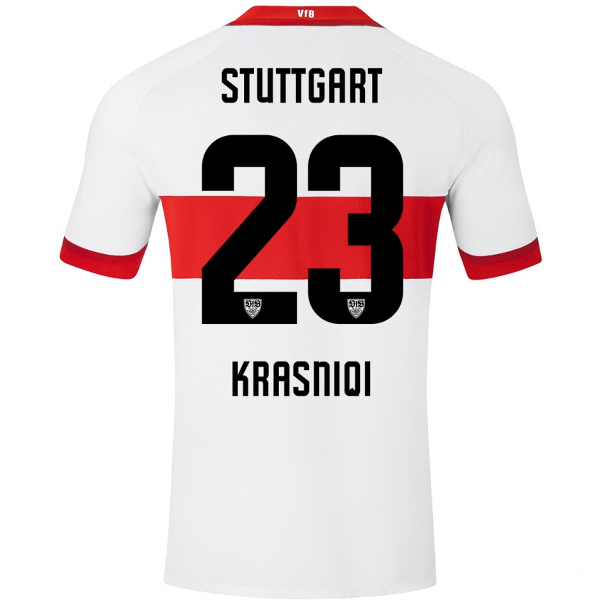 Niño Camiseta Elton Krasniqi #23 Blanco Rojo 1ª Equipación 2024/25 La Camisa