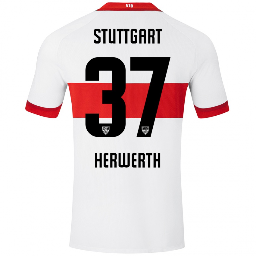 Niño Camiseta Maximilian Herwerth #37 Blanco Rojo 1ª Equipación 2024/25 La Camisa