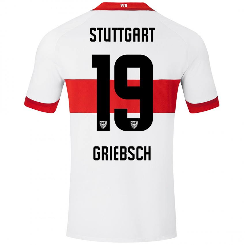 Niño Camiseta Lukas Griebsch #19 Blanco Rojo 1ª Equipación 2024/25 La Camisa