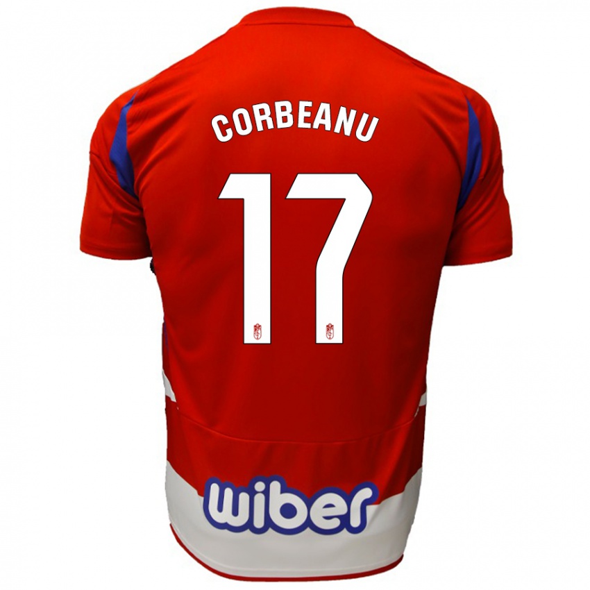 Niño Camiseta Theo Corbeanu #17 Rojo Blanco Azul 1ª Equipación 2024/25 La Camisa