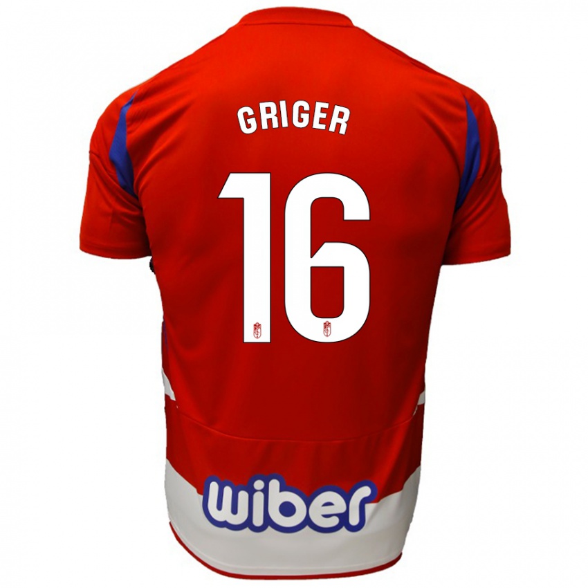 Niño Camiseta Adam Griger #16 Rojo Blanco Azul 1ª Equipación 2024/25 La Camisa