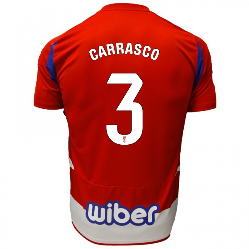 Niño Camiseta Marta Carrasco #3 Rojo Blanco Azul 1ª Equipación 2024/25 La Camisa