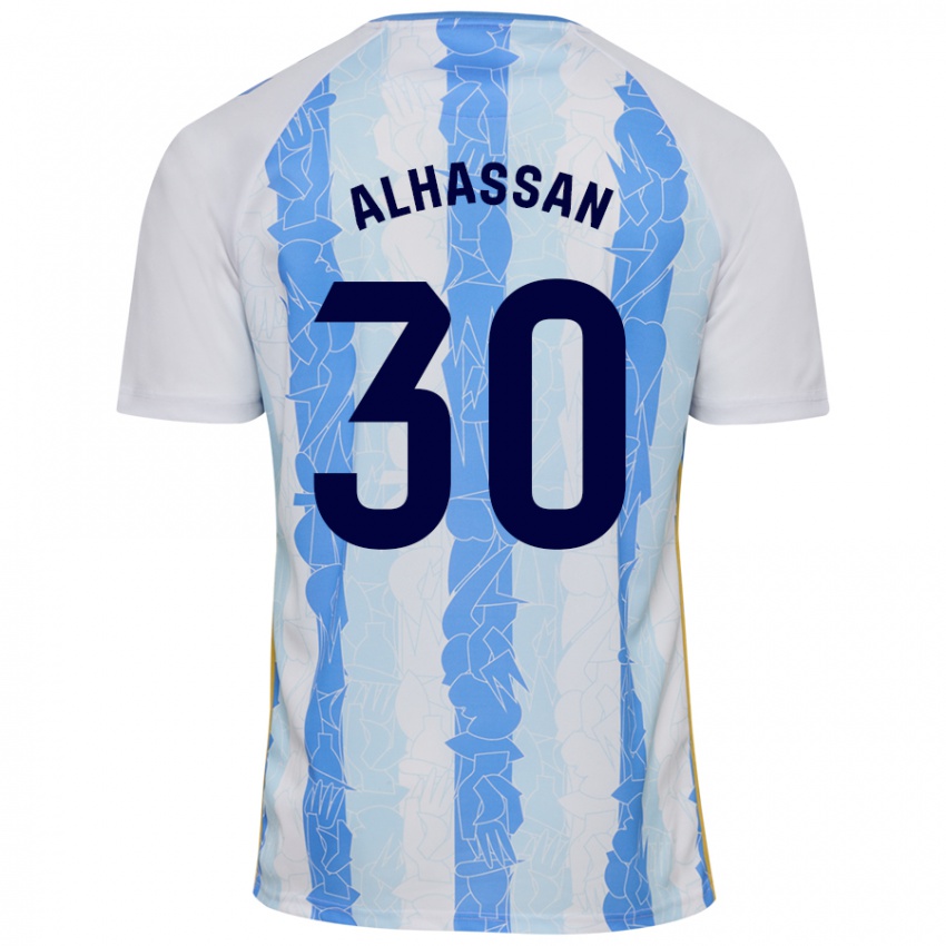 Niño Camiseta Mubarak Alhassan #30 Blanco Azul 1ª Equipación 2024/25 La Camisa