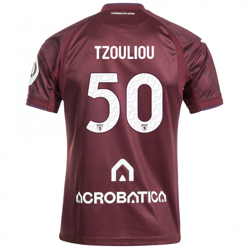 Niño Camiseta Dimitrianos Tzouliou #50 Granate Blanco 1ª Equipación 2024/25 La Camisa