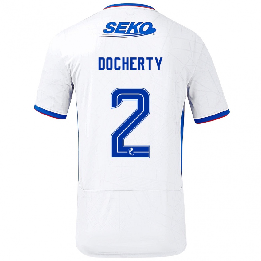 Niño Camiseta Nicola Docherty #2 Blanco Azul 2ª Equipación 2024/25 La Camisa