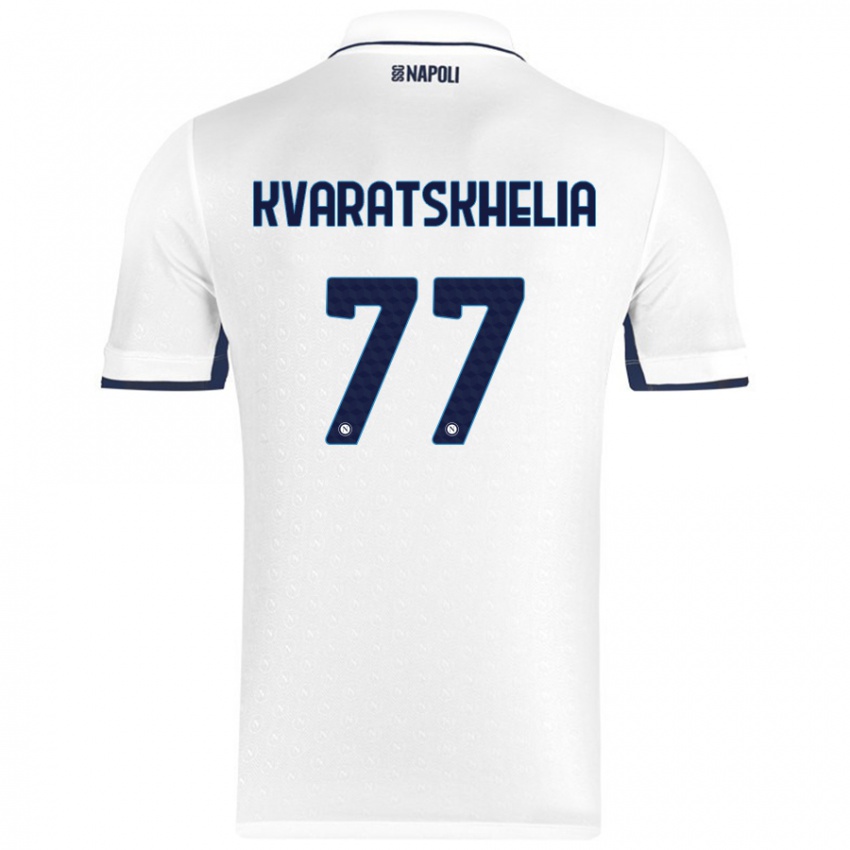 Niño Camiseta Khvicha Kvaratskhelia #77 Blanco Azul Real 2ª Equipación 2024/25 La Camisa