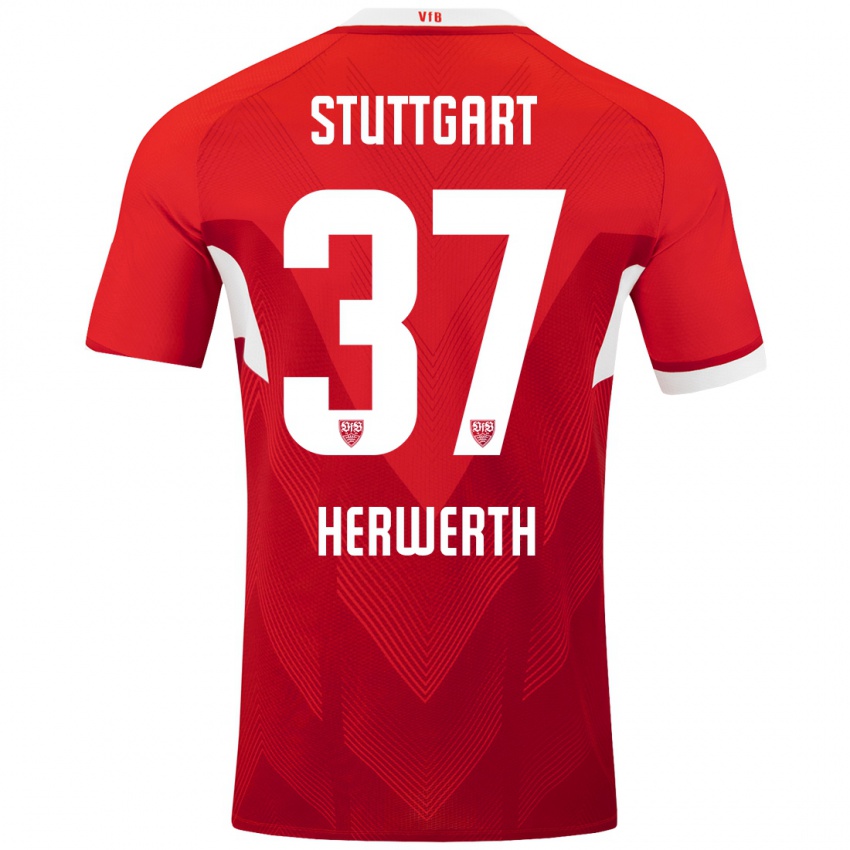 Niño Camiseta Maximilian Herwerth #37 Rojo Blanco 2ª Equipación 2024/25 La Camisa