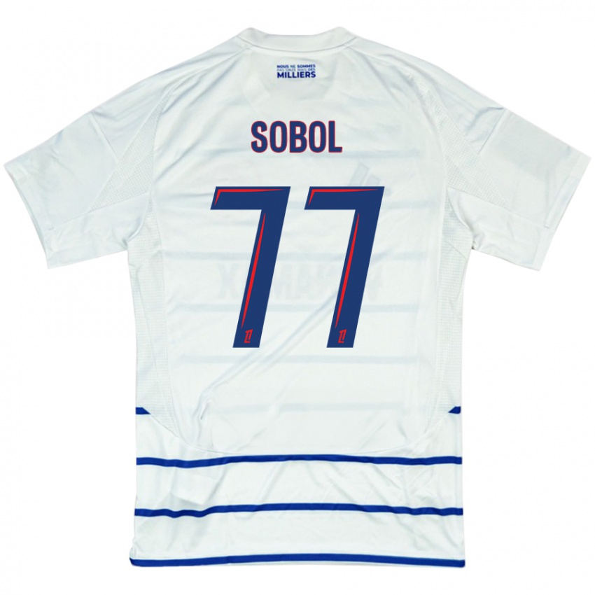 Niño Camiseta Eduard Sobol #77 Blanco Azul 2ª Equipación 2024/25 La Camisa