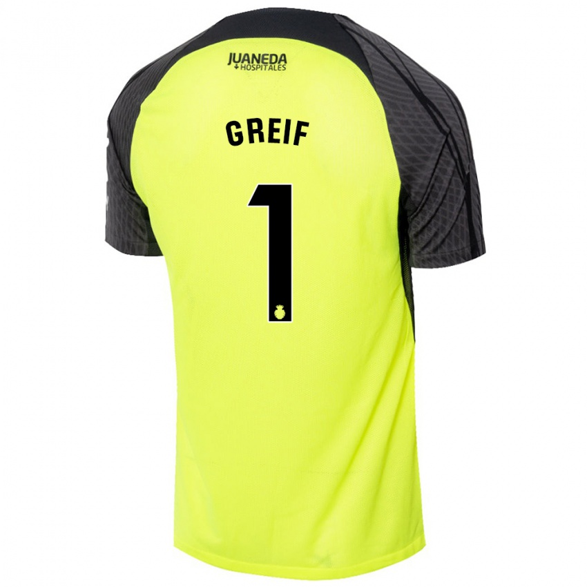 Niño Camiseta Dominik Greif #1 Verde Fluorescente Negro 2ª Equipación 2024/25 La Camisa