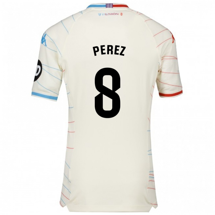 Niño Camiseta Kike Pérez #8 Blanco Rojo Azul 2ª Equipación 2024/25 La Camisa