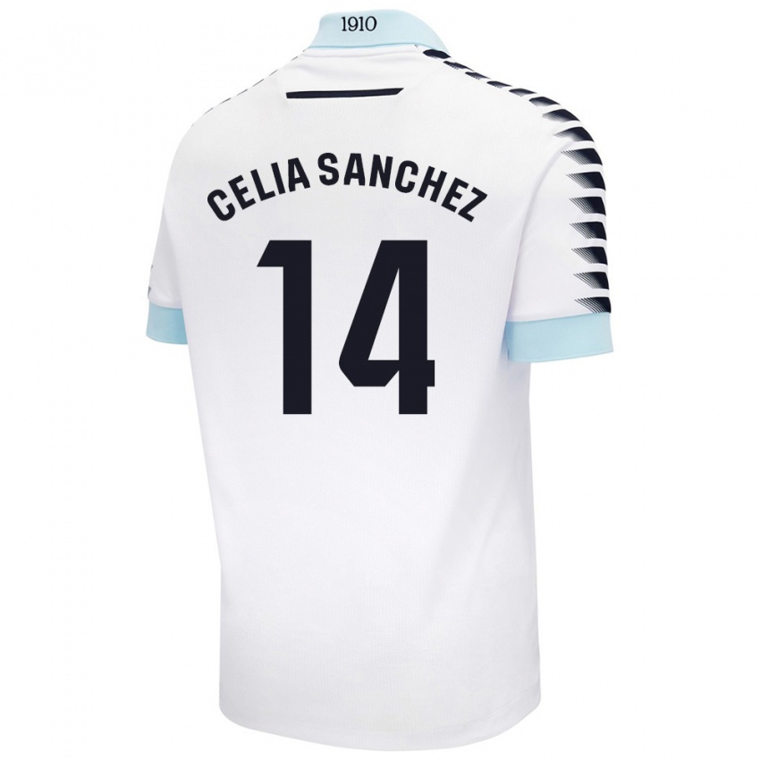 Niño Camiseta Celia Sánchez García #14 Blanco Azul 2ª Equipación 2024/25 La Camisa