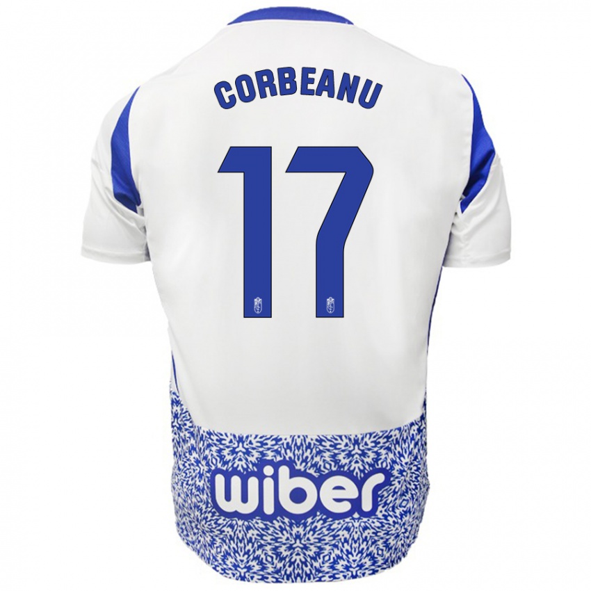 Niño Camiseta Theo Corbeanu #17 Blanco Azul 2ª Equipación 2024/25 La Camisa