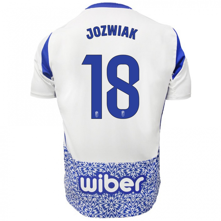 Niño Camiseta Kamil Józwiak #18 Blanco Azul 2ª Equipación 2024/25 La Camisa