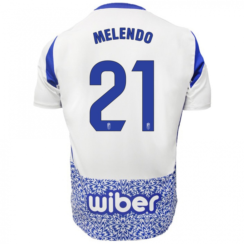 Niño Camiseta Óscar Melendo #21 Blanco Azul 2ª Equipación 2024/25 La Camisa