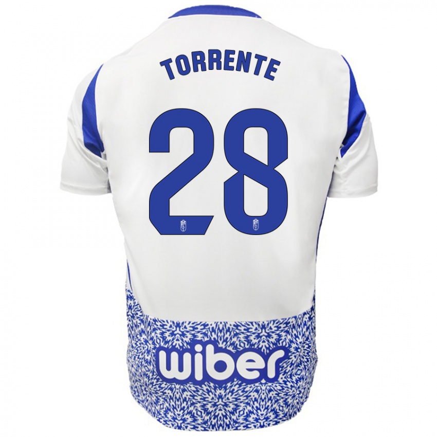 Niño Camiseta Raúl Torrente #28 Blanco Azul 2ª Equipación 2024/25 La Camisa