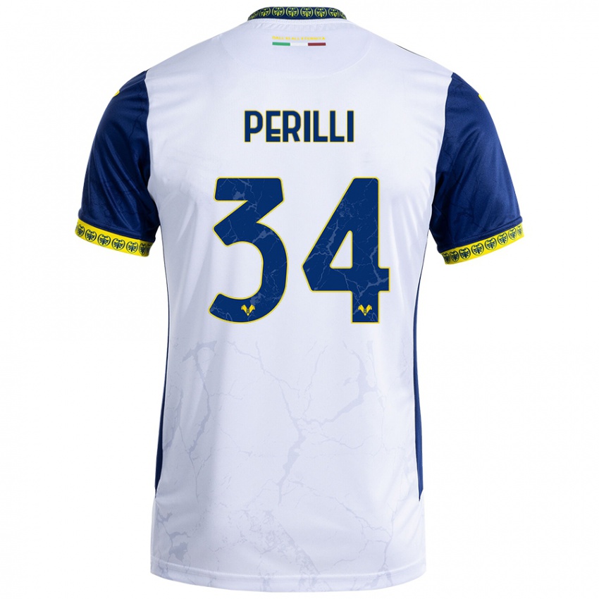 Niño Camiseta Simone Perilli #34 Blanco Azul 2ª Equipación 2024/25 La Camisa