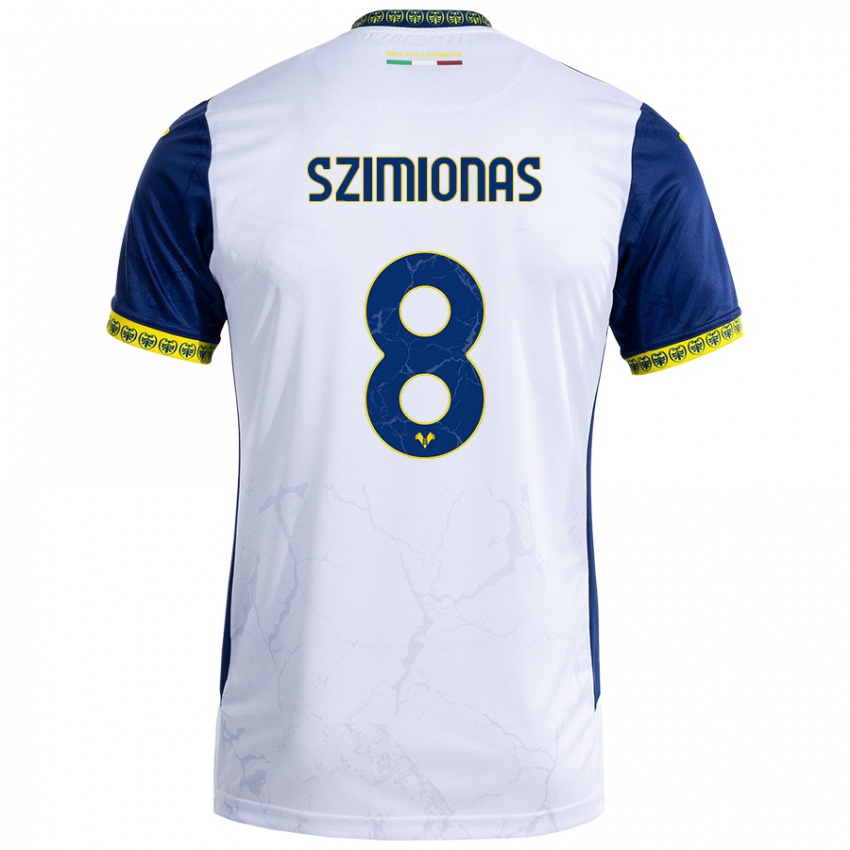 Niño Camiseta Luca Szimionas #8 Blanco Azul 2ª Equipación 2024/25 La Camisa