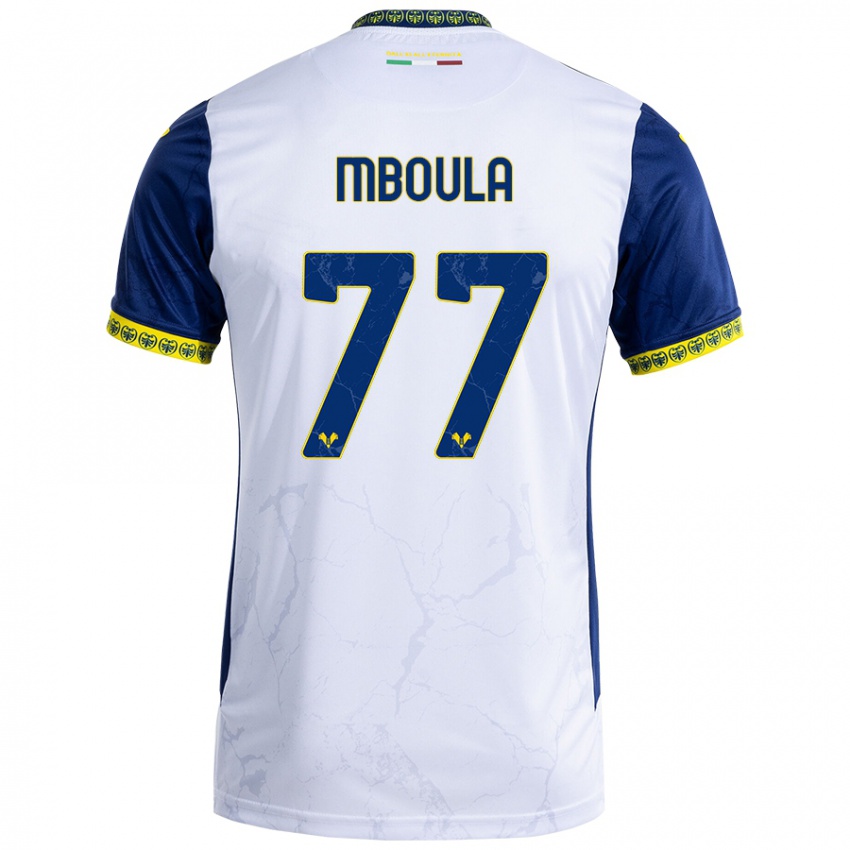 Niño Camiseta Jordi Mboula #77 Blanco Azul 2ª Equipación 2024/25 La Camisa