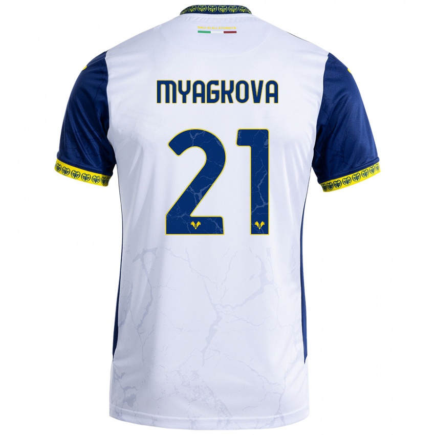 Niño Camiseta Alina Myagkova #21 Blanco Azul 2ª Equipación 2024/25 La Camisa