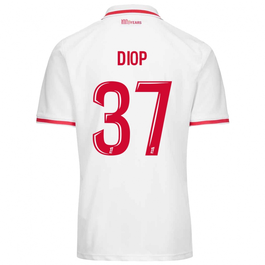 Hombre Camiseta Edan Diop #37 Blanco Rojo 1ª Equipación 2024/25 La Camisa