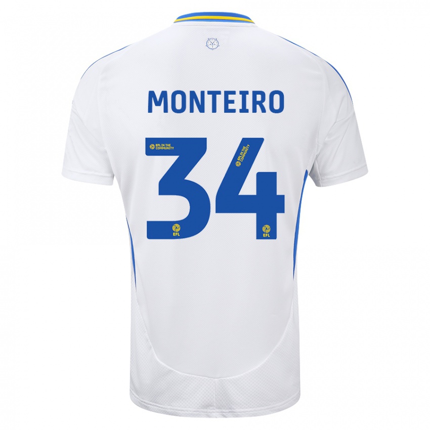 Hombre Camiseta Diogo Monteiro #34 Blanco Azul 1ª Equipación 2024/25 La Camisa