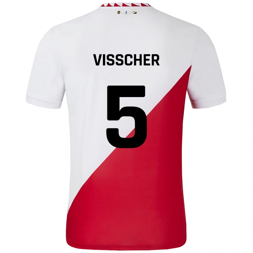 Hombre Camiseta Amber Visscher #5 Blanco Rojo 1ª Equipación 2024/25 La Camisa