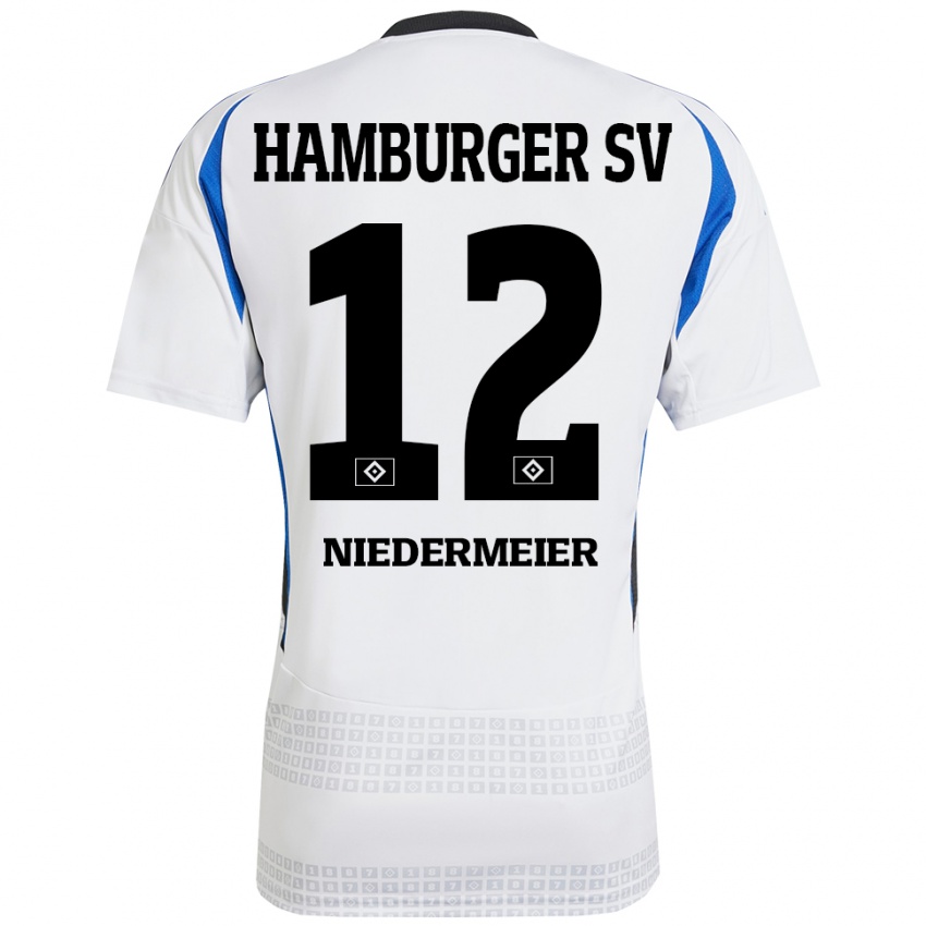 Hombre Camiseta Philipp Niedermeier #12 Blanco Azul 1ª Equipación 2024/25 La Camisa