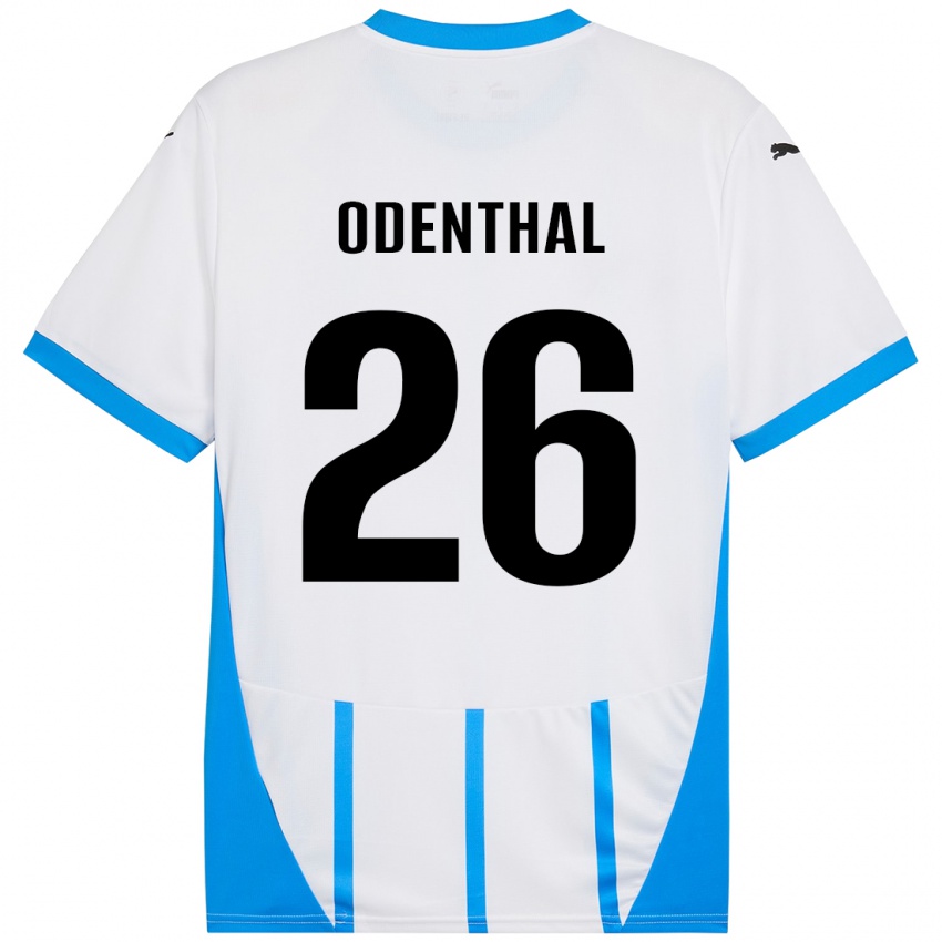 Hombre Camiseta Cas Odenthal #26 Blanco Azul 2ª Equipación 2024/25 La Camisa