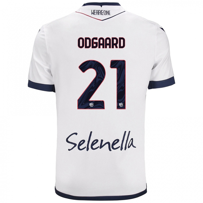 Hombre Camiseta Jens Odgaard #21 Blanco Azul Real 2ª Equipación 2024/25 La Camisa