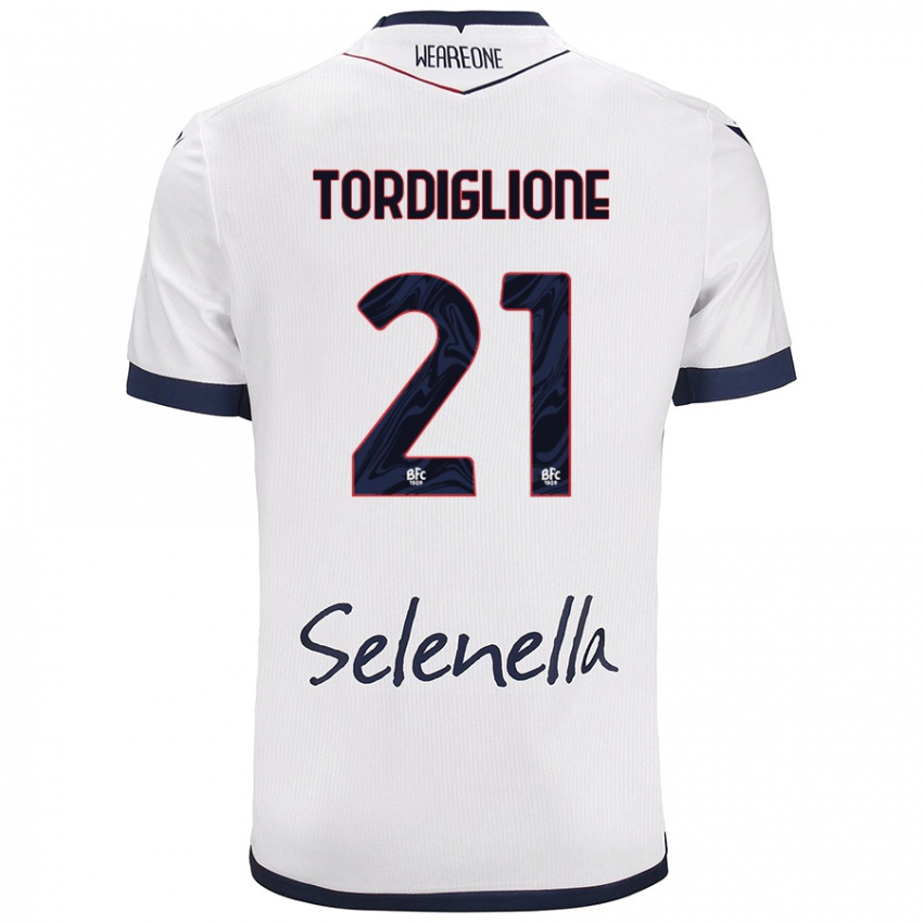 Hombre Camiseta Nicolò Tordiglione #21 Blanco Azul Real 2ª Equipación 2024/25 La Camisa