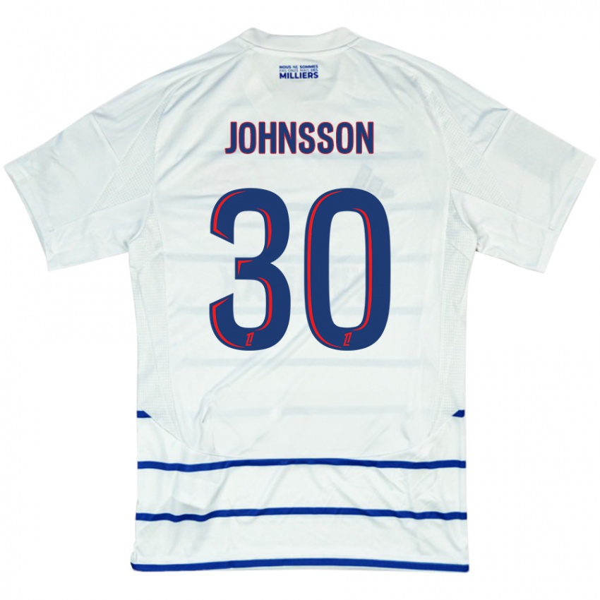 Hombre Camiseta Karl-Johan Johnsson #30 Blanco Azul 2ª Equipación 2024/25 La Camisa