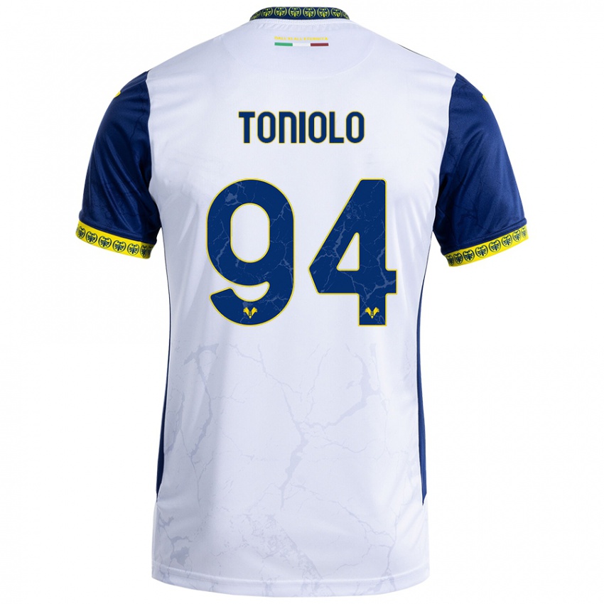 Hombre Camiseta Giacomo Toniolo #94 Blanco Azul 2ª Equipación 2024/25 La Camisa