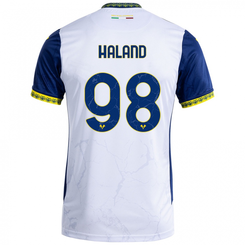 Hombre Camiseta Benedicte Iversen Håland #98 Blanco Azul 2ª Equipación 2024/25 La Camisa