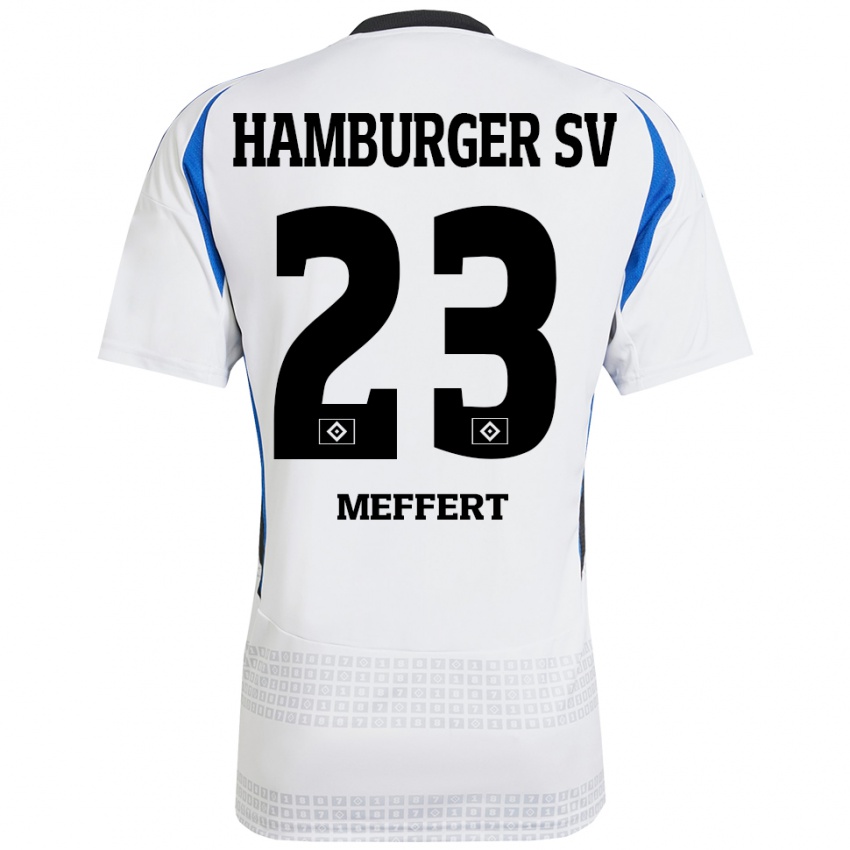 Mujer Camiseta Jonas Meffert #23 Blanco Azul 1ª Equipación 2024/25 La Camisa