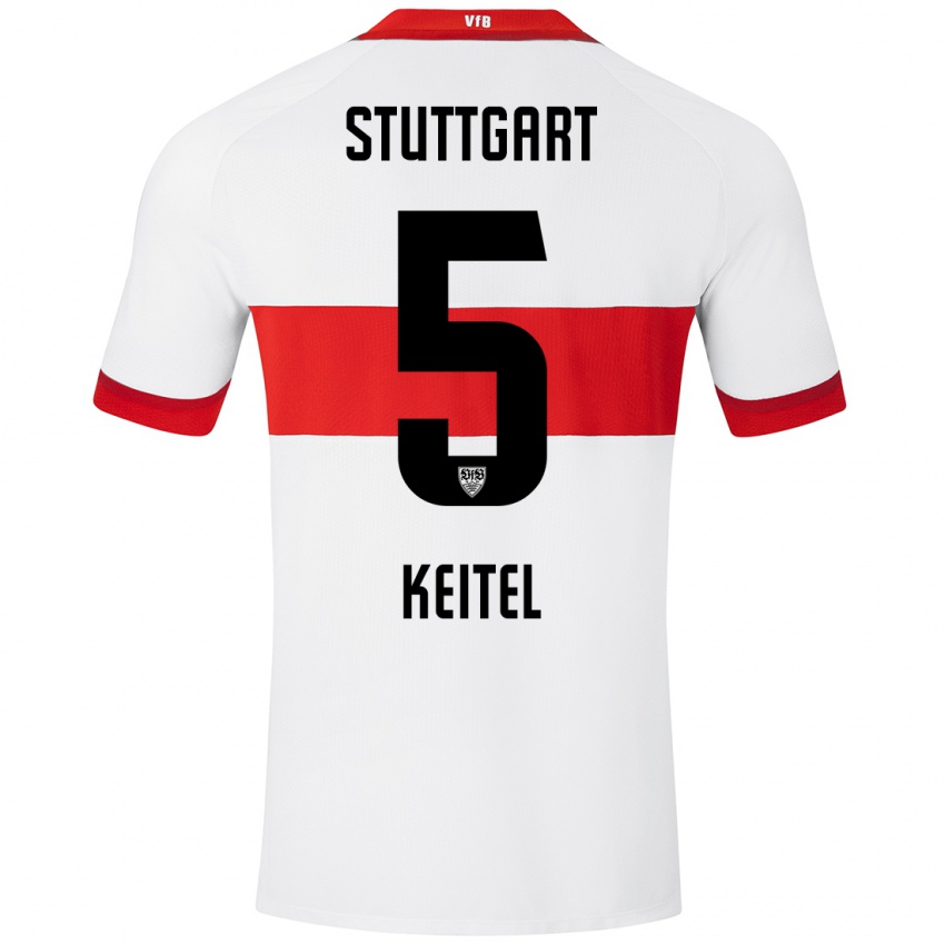 Mujer Camiseta Yannik Keitel #5 Blanco Rojo 1ª Equipación 2024/25 La Camisa