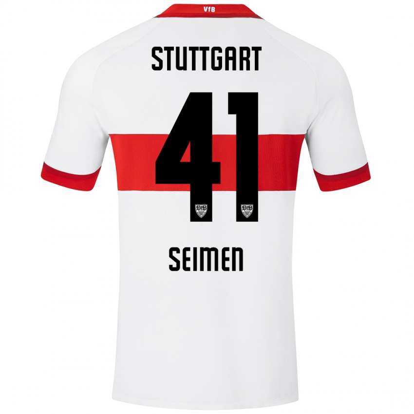 Mujer Camiseta Dennis Seimen #41 Blanco Rojo 1ª Equipación 2024/25 La Camisa